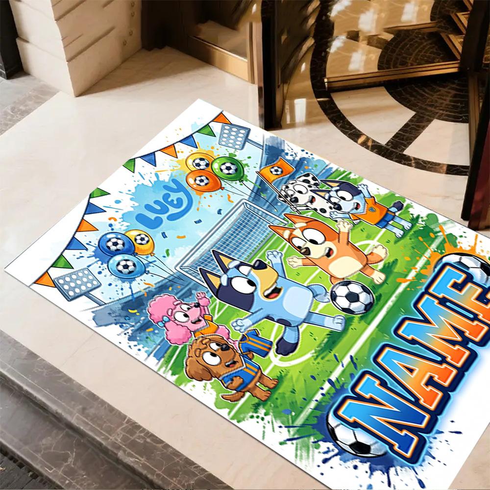 Bluey's Soccer Fun Customized Name Floor Rug Office Rug Suitable for Bedrooms Playrooms Kitchen Dormitory Anti-slip Rug Decorate Offices
