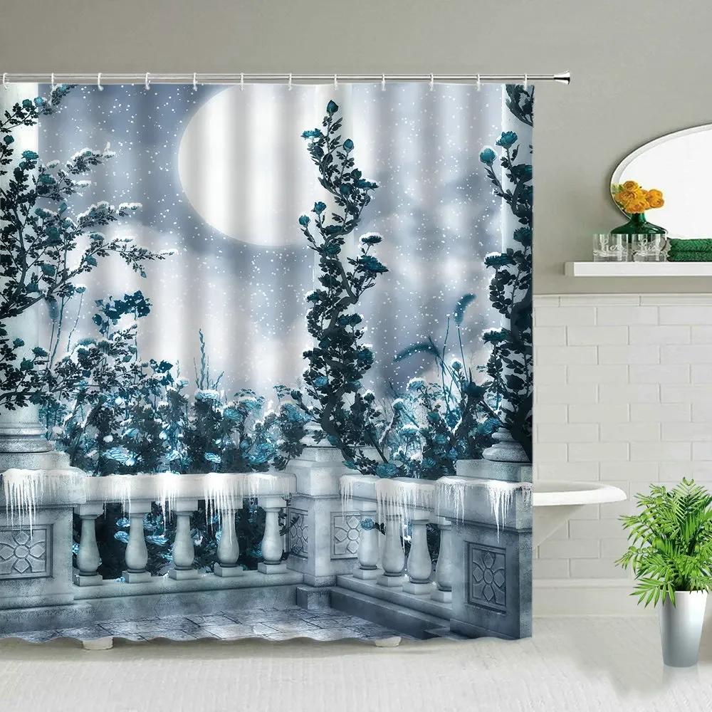 Winter Snow Scene Shower Curtains Trees Natural Scenery 3D Print Waterproof Bathroom Decor Home Bathtub Polyester Curtain Set