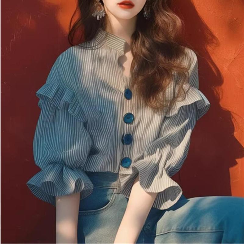 Summer Popular Trend Niche and Unique Top Stylish and Chic Super Good-looking Black and White Striped Ruffle Edge Shirt