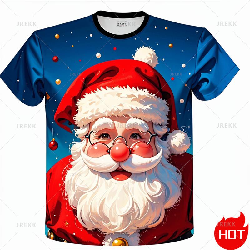 Fashionable 3D Printed Merry Christmas T-shirt with Christmas Patterns, Summer Men's Short Sleeved Clothing Creative Hip-hop Cool Round Neck Tops
