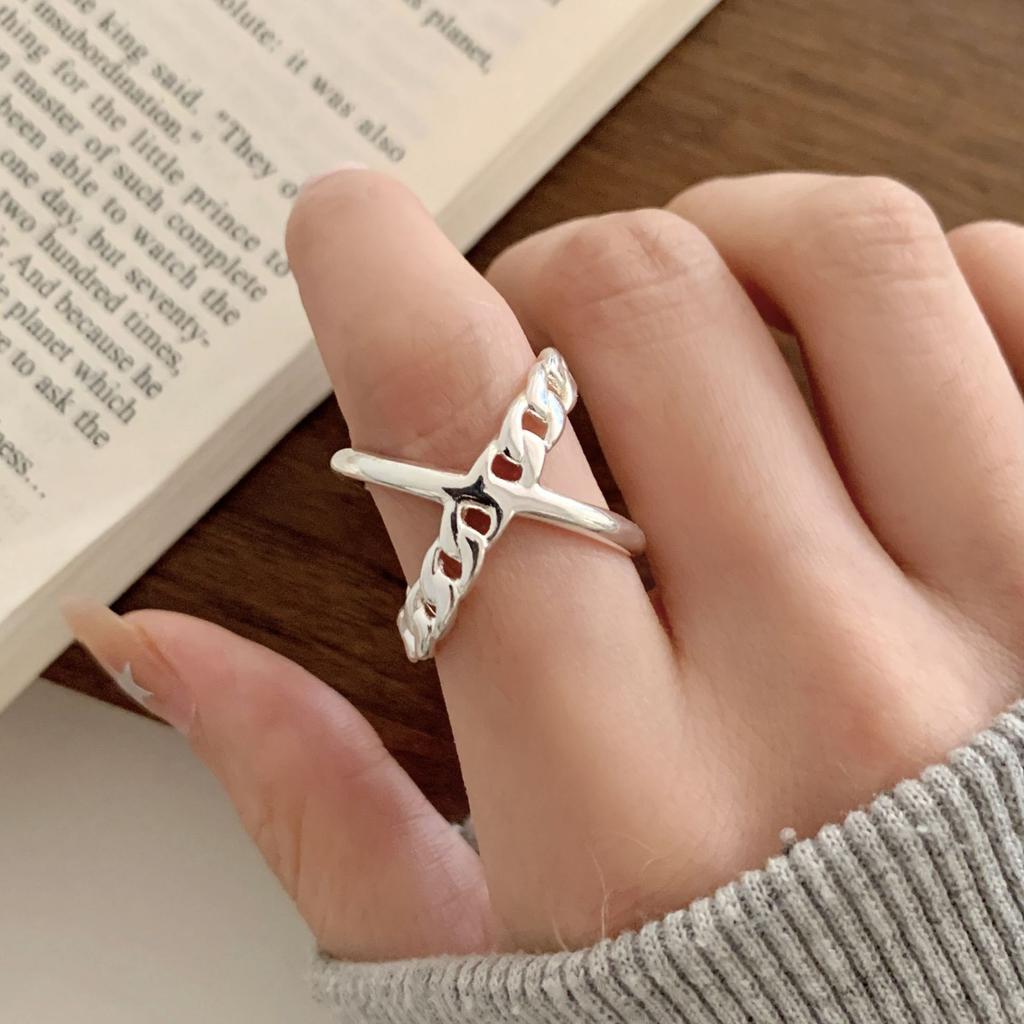 PANJBJ 925 Silver Line Crossing Ring for Women Punk Hip Hop Exaggerate Trend Adjustable Jewelry Party Gift