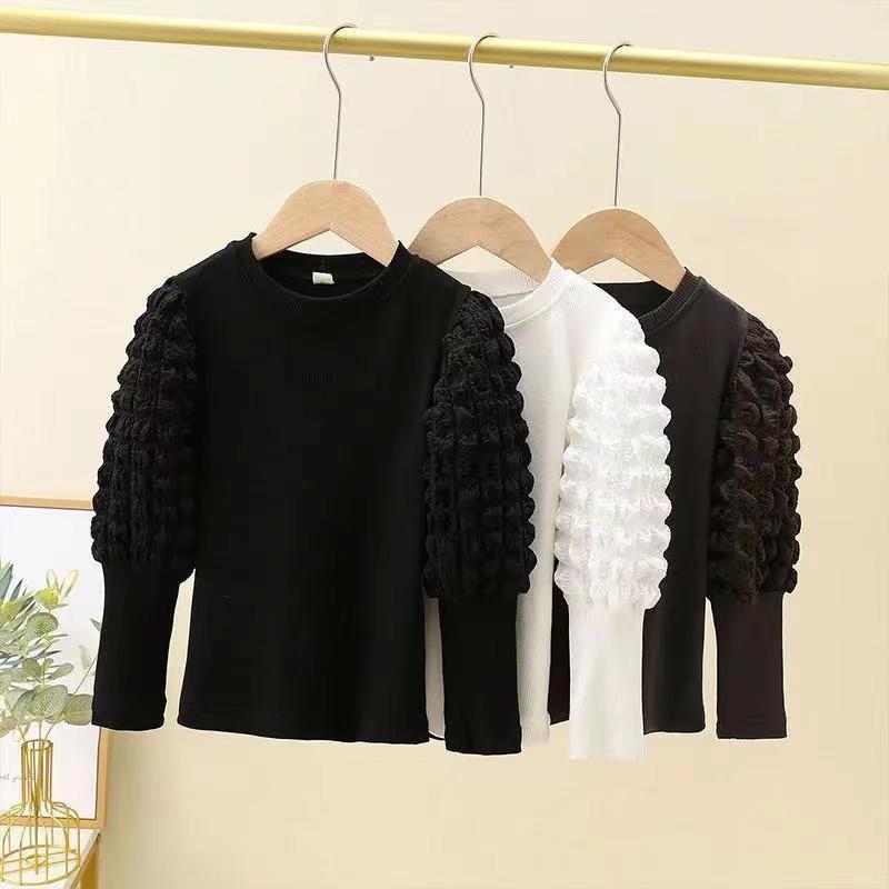 Girls Bottoming Shirt  New Long-sleeved Tees Child Girl Puff Sleeve T-shirt  Spring Autumn  Kids Round Collar Tops