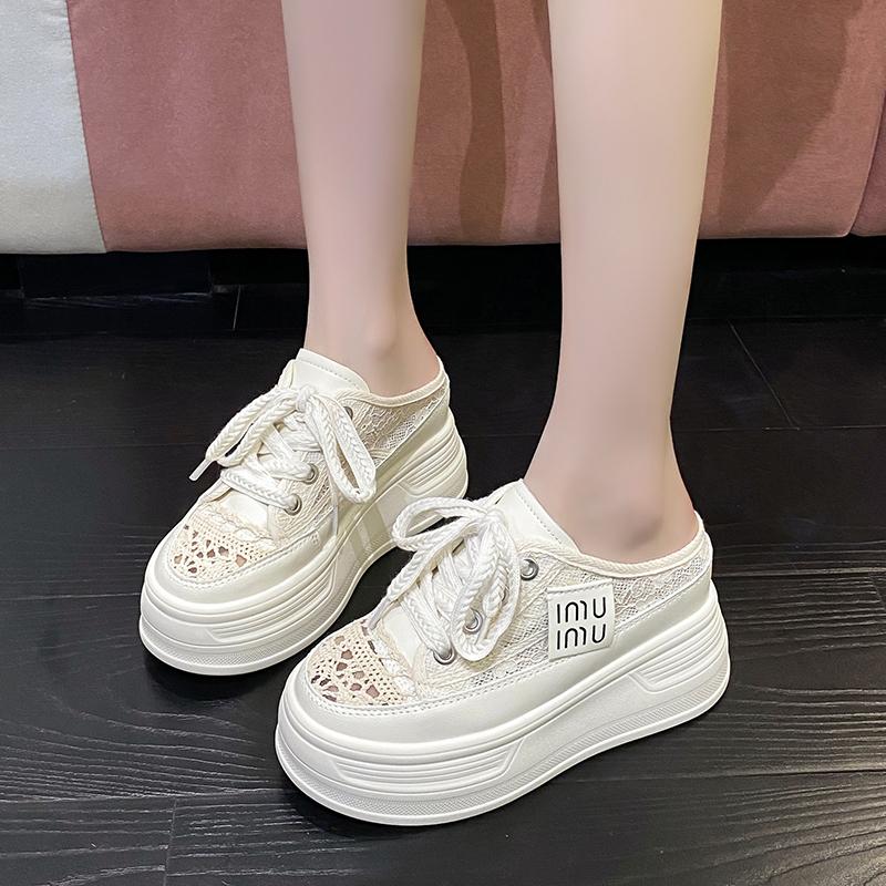 Fashion 9.5cm Increasing Height Women Slippers 2024New Summer Autumn Canvas Mules Shoes Ladies Round Toe High Wedge Platform Slides Shoe