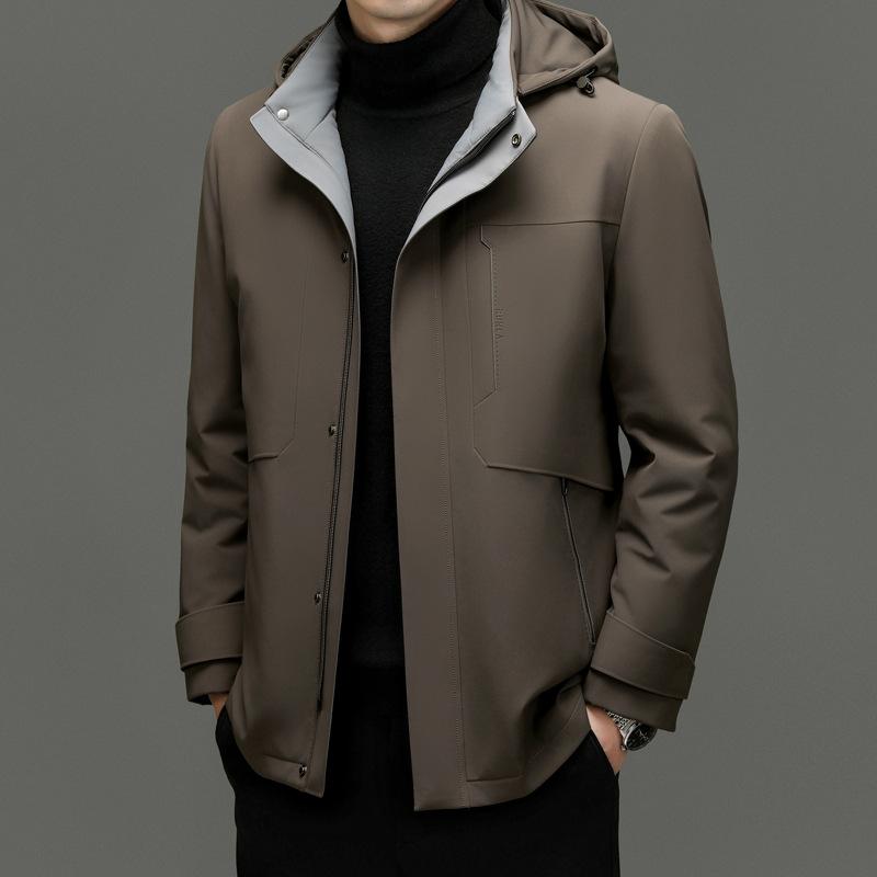 Milchseide Stoff Zerlegbare Gänsedaunenjacke Herren Daunenjacke Business Casual Mittellang Kapuze Gänsedaunenjacke