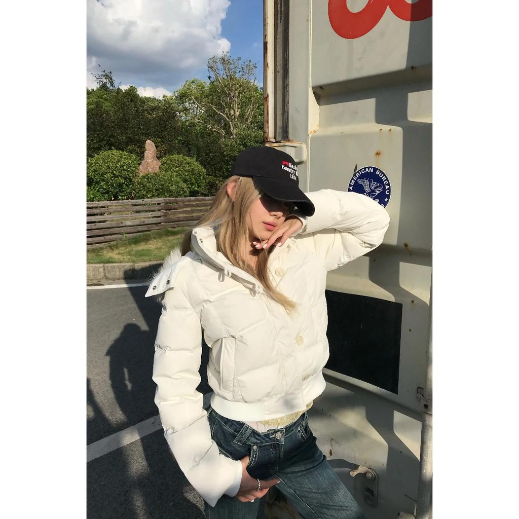 VAYLA Zimowa Nowa Różowa Bawełniana Kurtka Damska z Kapturem i Futerkiem Harajuku High Street Gruba Bawełniana Kurtka Odporna na Zimno