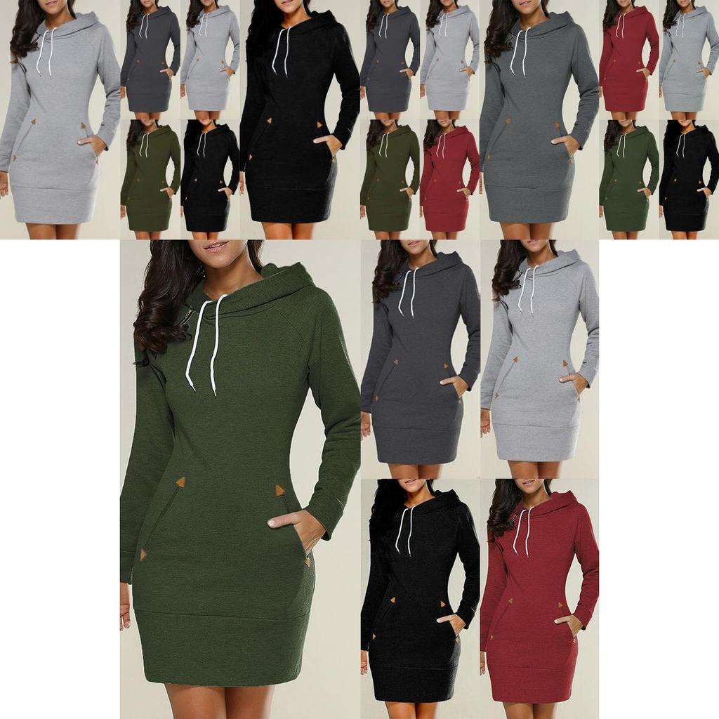 Womens Hooded Mini Dress Casual Long Sleeve Sweatshirt Jumper Slim Fit With Pockets