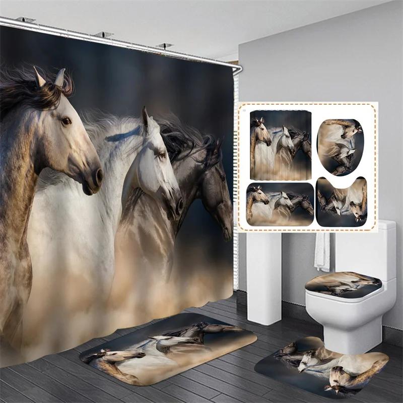 Horse Printed Shower Curtain Set Waterproof Bathroom With Hooks Sets And Rugs Home Decor