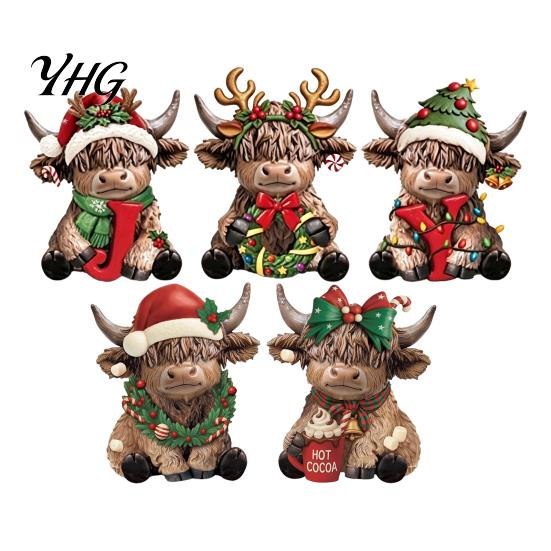 Retro Cartoon Style Ornaments 2/3Pcs Christmas Highland Cow Wooden Tabletop Sign, 2D Flat Yak Indoor Holiday Scene Decorations Figurine Ornament with