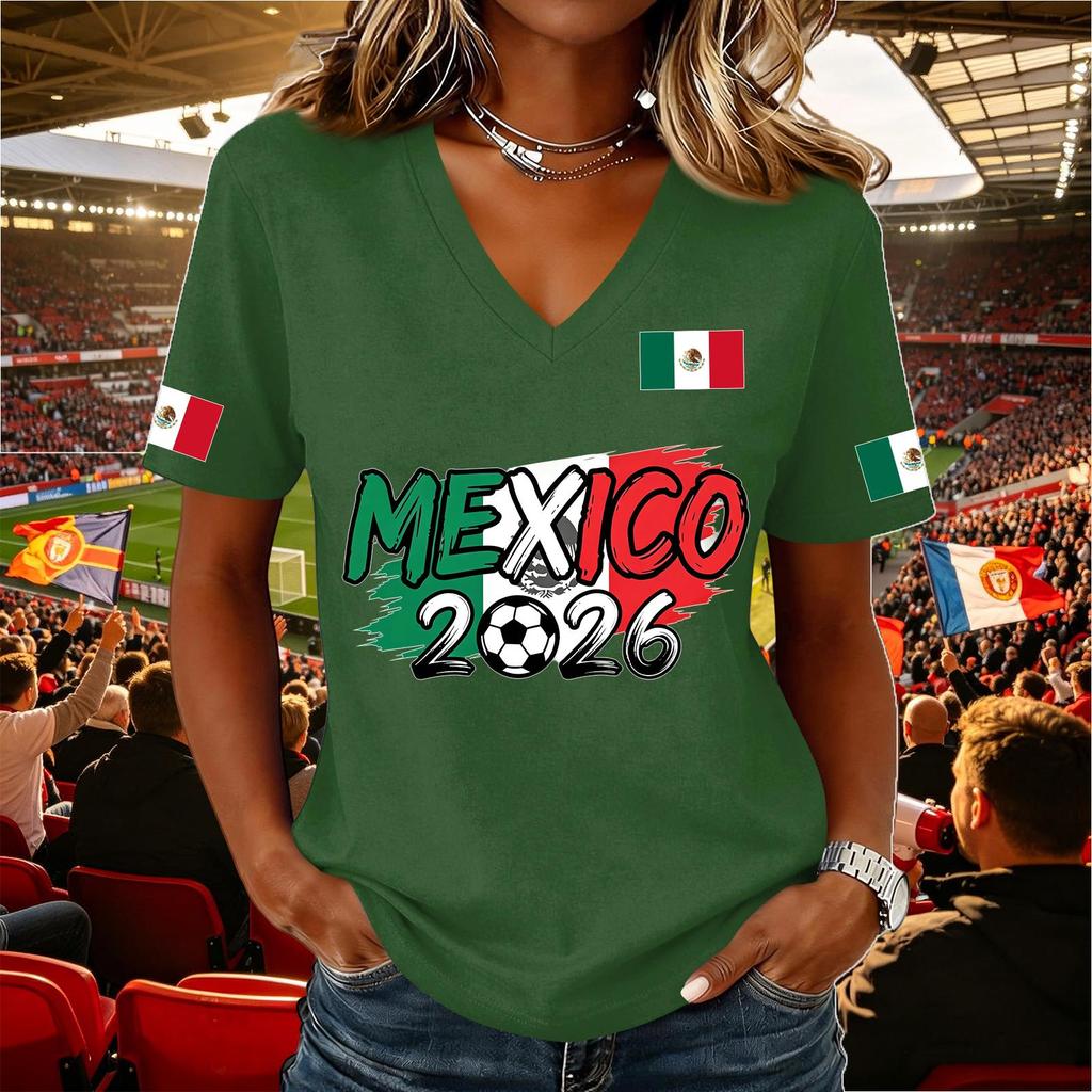 Women's Casual V Neck Pullover Short Sleeve Top Soccer National Flag Print Support Shirt Mexico 2026 Design Lightweight Comfortable Fit