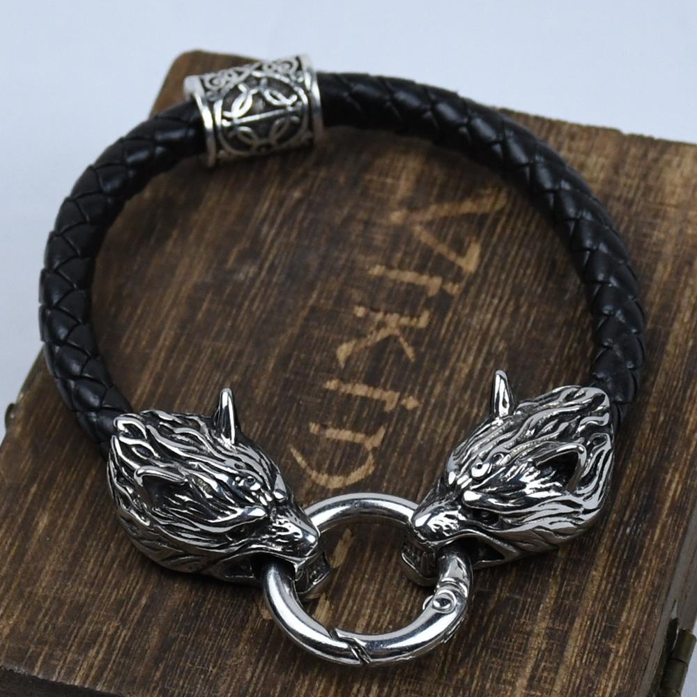 Wolf Head Bracelet Stainless Steel Viking Rune Bead Leather Bracelet Jewelry For Women Men Unisex Gift
