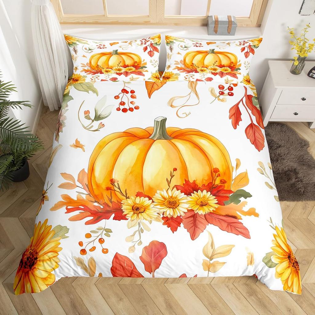Autumn Pumpkin Soft Duvet Cover Ful Quen Fal Leaves Boho Floral Beding Set Farmhouse Harvest Home Decor,Thanksgiving Comfortable Quilt Cover