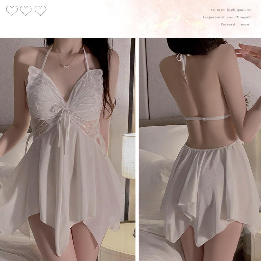 Seksi Sırtı Açık Kadife Göğüs Pedli Saf Arzu Jartiyer Gecelik Robe Ev Giyim Seti
