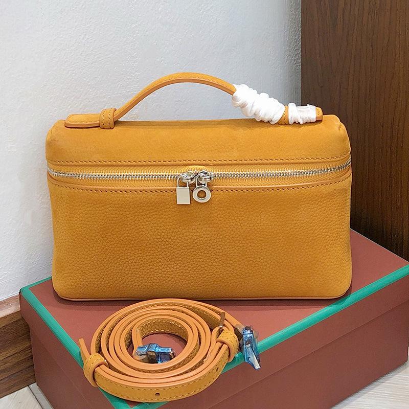 2025 New Gold Buckle Nubuckle Cowhide LP19 Lunch Box Bag Genuine Leather Versatile Small Square Bag Handheld One Shoulder Crossbody Bag for Women