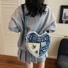 Fashionable Denim Canvas Bag Creative Design Heart-shaped Contrasting Star Pattern Denim Bag New Retro Casual Crossbody Hole Bag