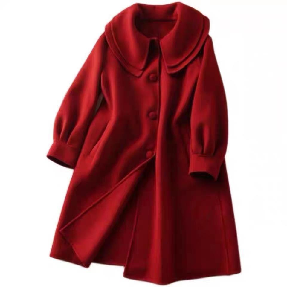 Vlněný kabát Dámský nový kabát korejského střihu, Tenký, zakrývající postavu a omlazující loutkový límec, Kabát střední délky s dvojitým límcem