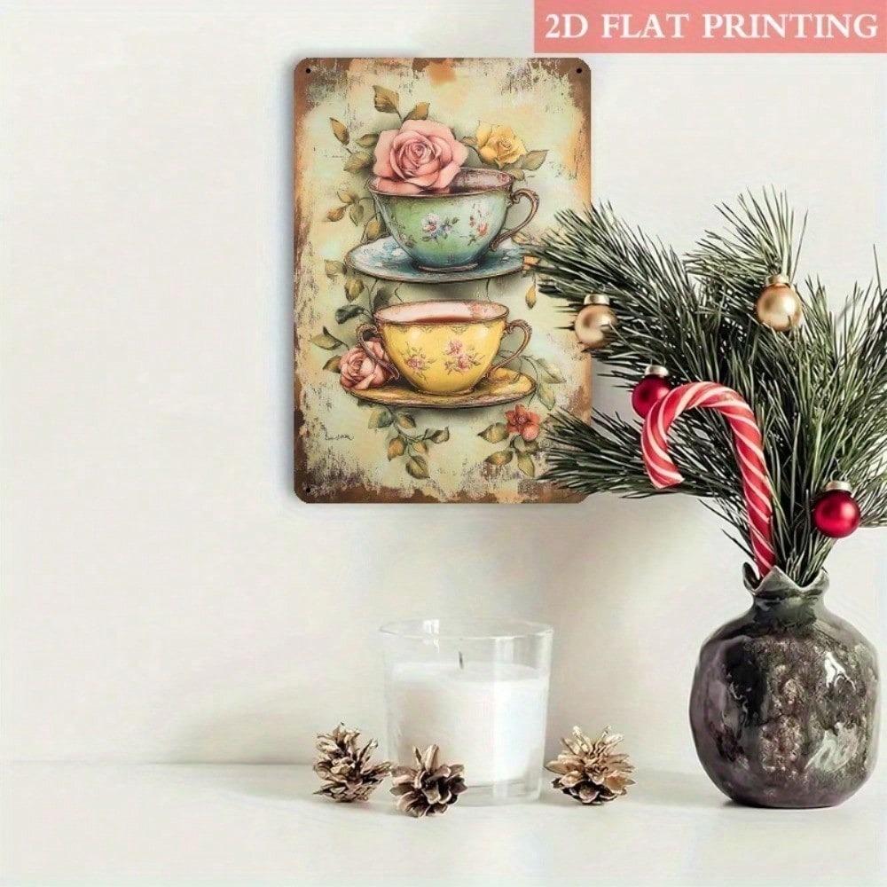 Vintage Floral Teacup Metal Wall Art 8x12 Inch Rustic Farmhouse Roses Tin Sign