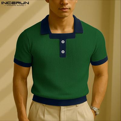 Men Stitching Square Neck Short Sleeve Casual Woke Wear Rib T-shirts Tops