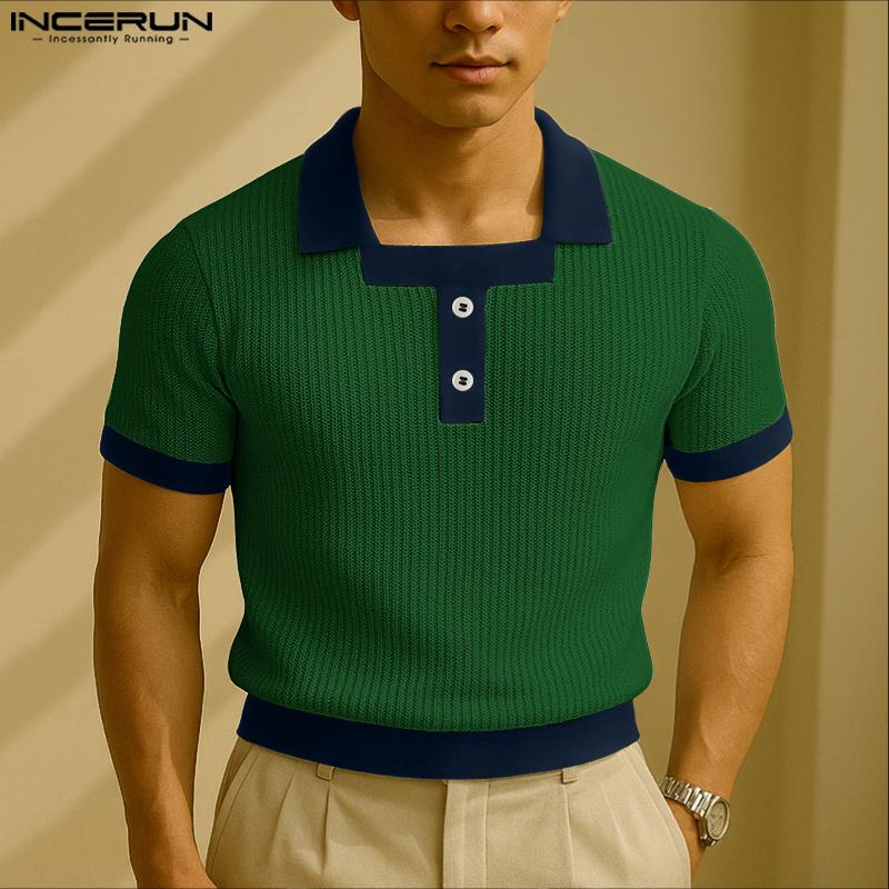 INCERUN Men Stitching Square Neck Short Sleeve Casual Woke Wear Rib T-shirts Tops