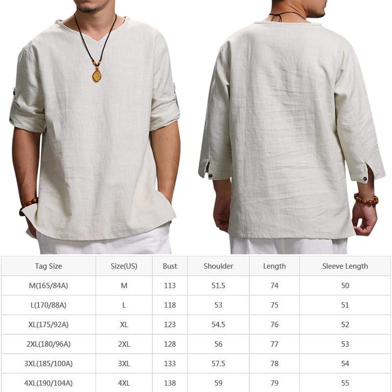 Shirt Mens Loose Long Sleeve V Neck Cotton Linen T Shirts Vintage Tops Blouse