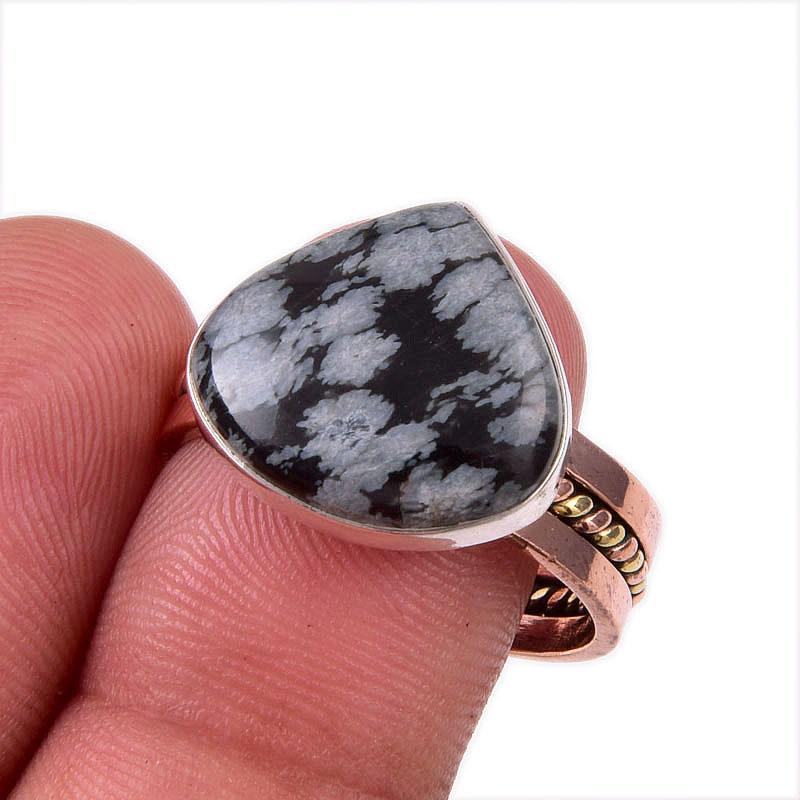 

Natural Snowflake Obsidian Gemstone 925 Sterling Silver Two Tone Ring S.9.5 p0O63