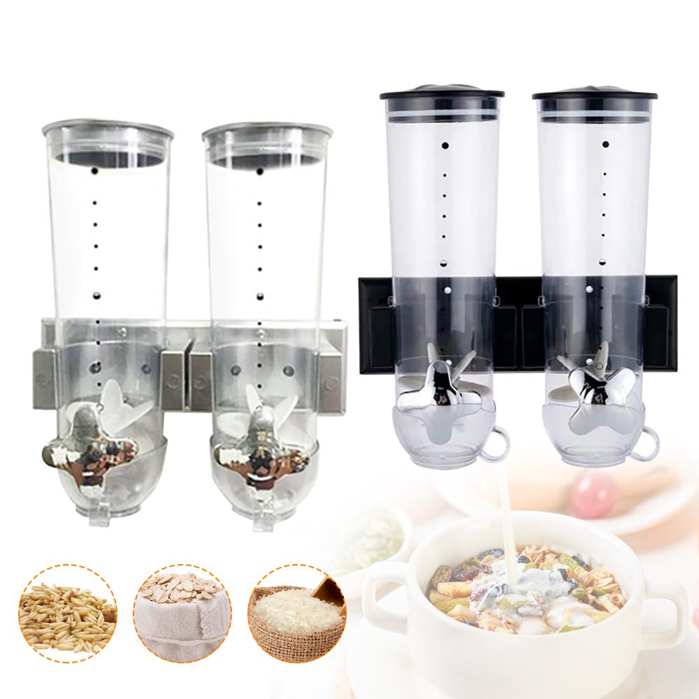 Food Dispenser Wall Mounted Grain Dispenser, Cereal Dispenser with Cup, Dry Food Dispenser Wall Mounted Double Cereal Dispenser