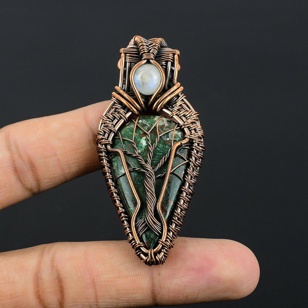 Azurite Malachite & Rainbow Moonstone Pendant, 999 Copper Wire Wrapped Gemstone Jewelry, Handmade Pendant, For Thanksgiving
