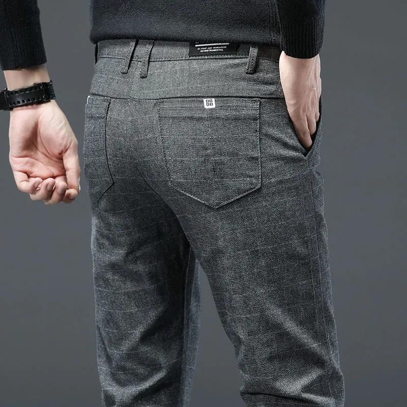 Pánské ležérní bavlněné plátěné kalhoty business kostkované kalhoty rovné tenké dlouhé kalhoty kancelářské kalhoty na jaro a podzim