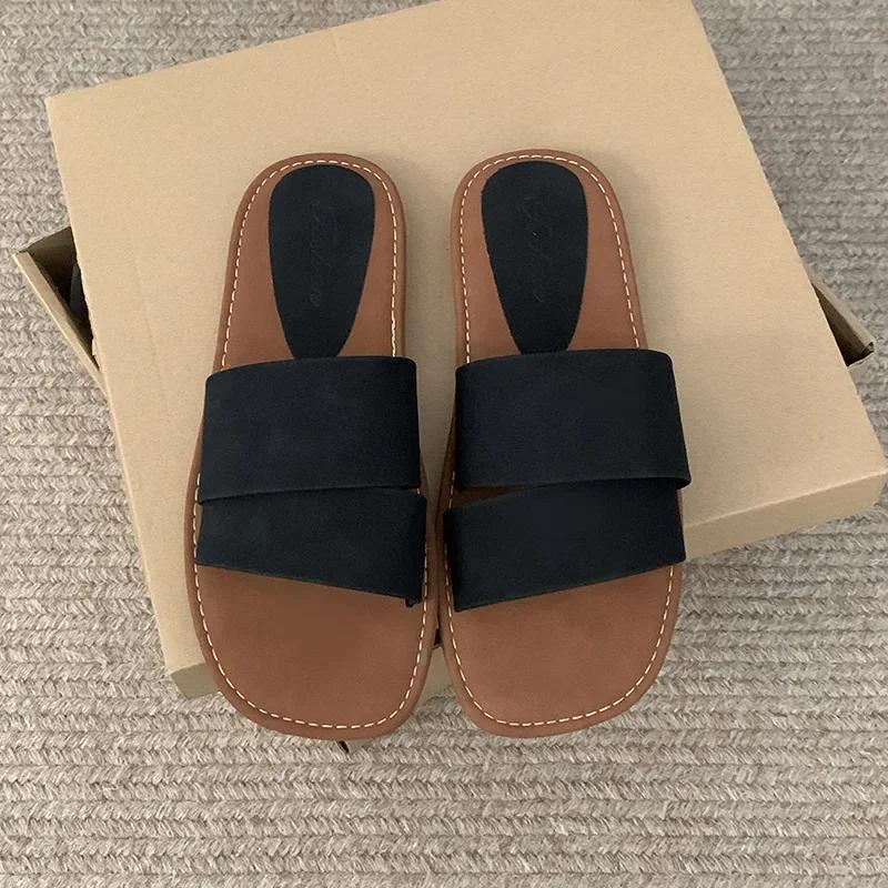 Summer Flat Slippers for Women Color Blocking Flip Flops Flats 2025 New Indoor Homewear Slides Women Square Toe Sandal Shoes