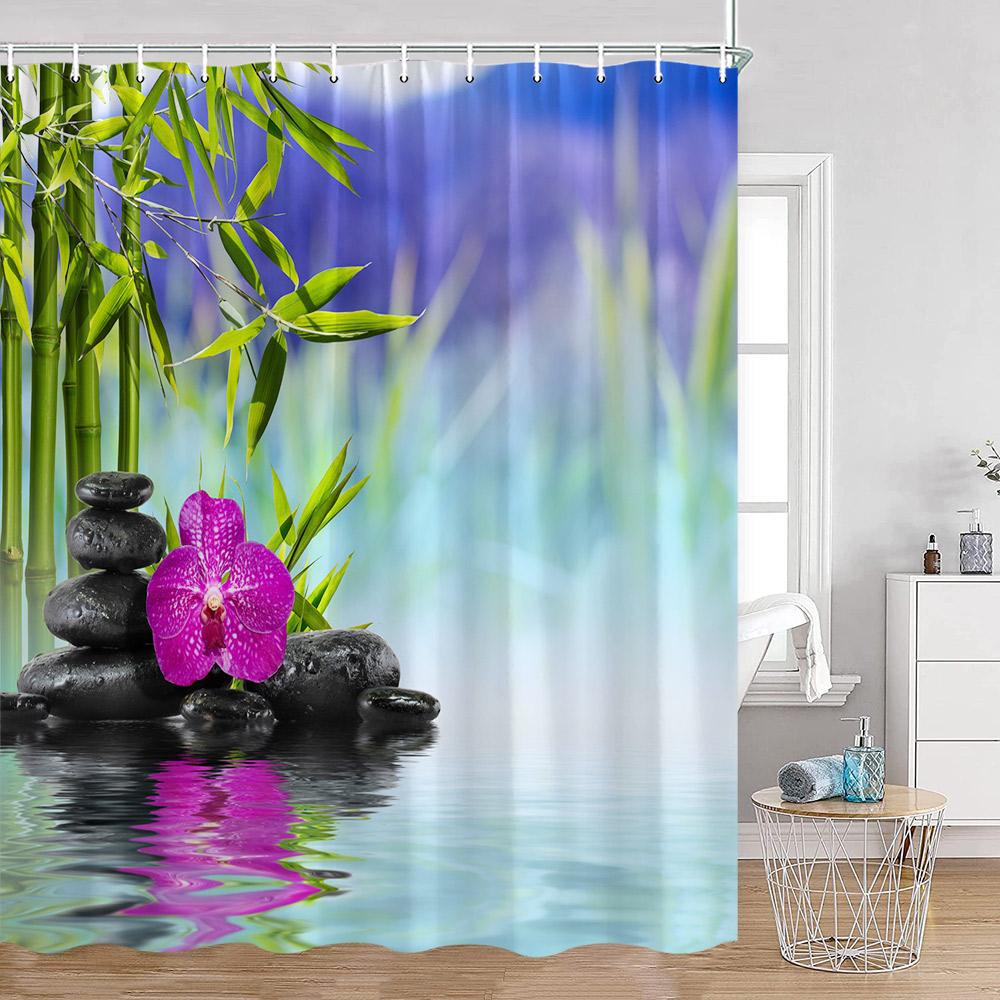 Zen Green Bamboo Shower Curtain Orchid Buddha Meditation Black Stone Candle Stream Plant Bathroom Decor Polyester Bath Curtain