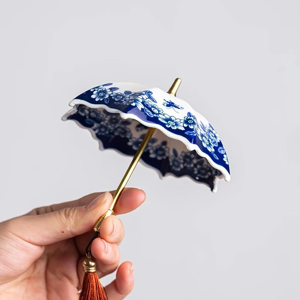 1 Stück Blau-Weißes Porzellan Regenschirm Teefilter Keramik Tee-Infuser mit Quastenhenkel Traditionelle Tischdekoration