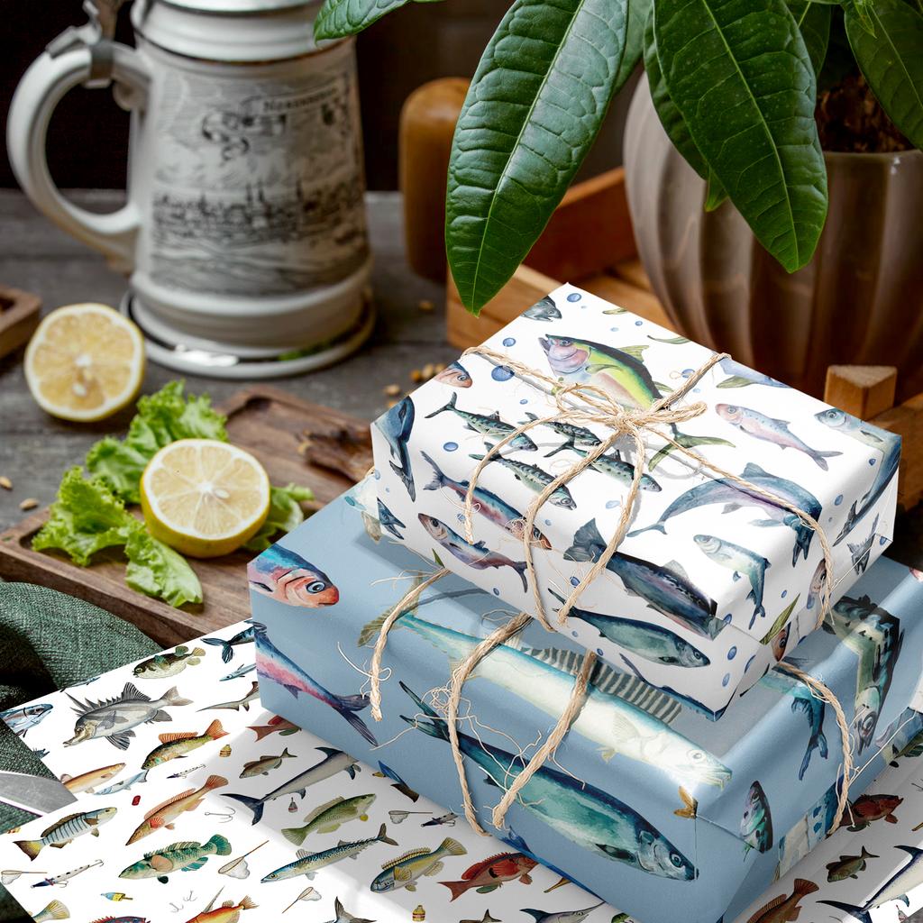 12 Sheets Fishing Theme Gift Wrapping Paper Vintage Ocean Deep Sea Fish Pattern Birthday Baby Shower Party Decor DIY Craft Paper