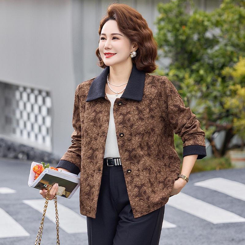 

2026 Spring Floral Lapel Cardigan for Middle-Aged Women & Elderly Mothers 2XL (Fits 105-120 jin) кавовий