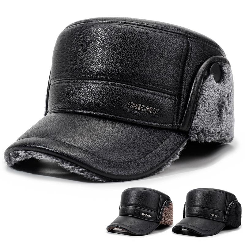 Men's PU Flat Top Hat Winter Warm Ear Protection Hat for Middle-Aged and Elderly Cotton Hat Thick Cold-Proof Cap