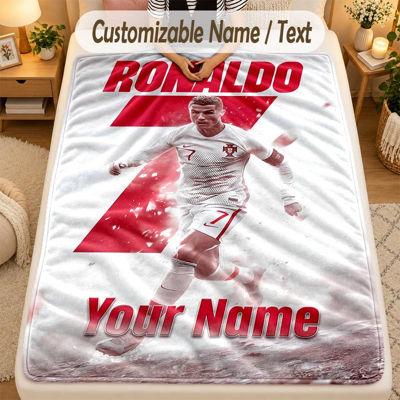 Flannel BlanketCristiano Ronaldo Custom Name Text Personalized Soft Warm Throw Blanket Home Decor Gift