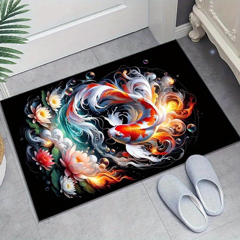 Vibrant Koi for Lotus Floral Print Area Rug - Soft Polyester Non-Slip Carpet for Bedroom, Living Room, or Home Decor