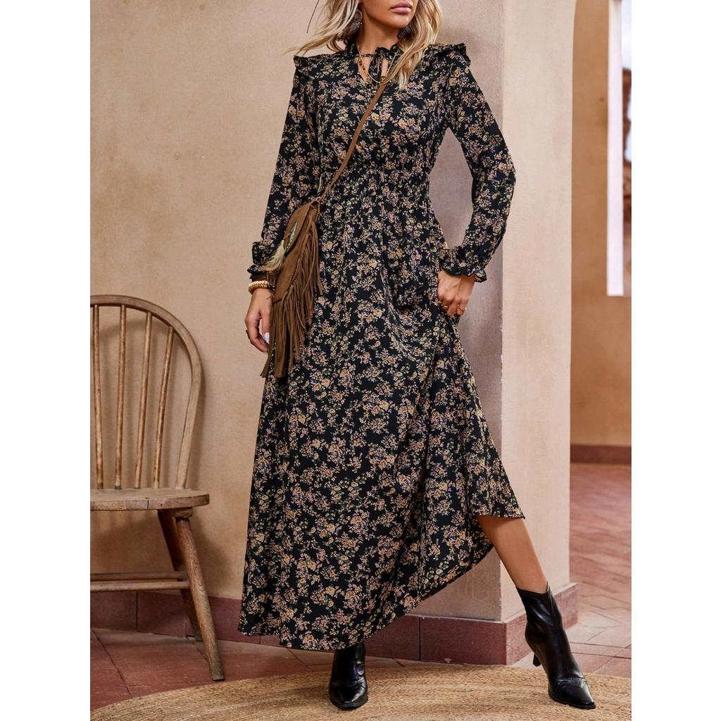 Women's Stand Collar Long Sleeve Maxi Dress Loose Elastic Waist Floral A-Line Sundress Polyester Vacation Dress