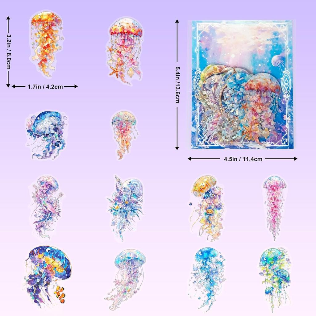 Of Rare Jellyfish Stickers Transparent Holographic Silver Foil Underwater Ocean Scrapbook Suitable for and Laptops 30-Pack - Stickers, Diaries,