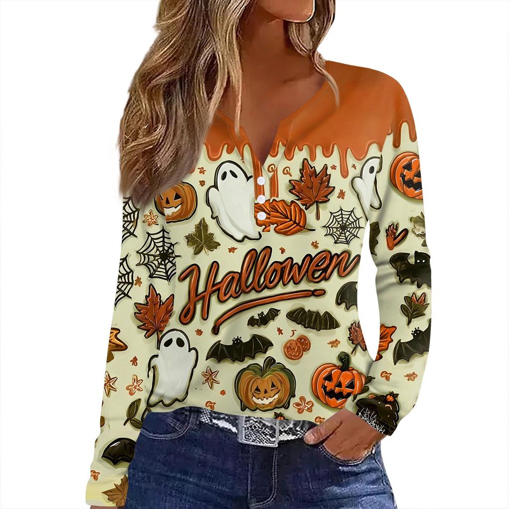 Dámské tričko s potiskem Halloweenu, knoflíky, dlouhý rukáv, denní, víkendová móda, základní, výstřih do V, běžný top