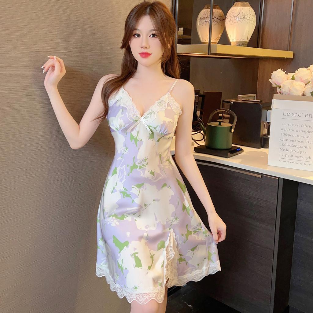 Neue Pyjamas Damen Frühling und Sommer Druck mit Brustpolster Trägerschaft Rock Reiner Begehren Stil Mehrfarbige Spitze Sexy Nachthemd