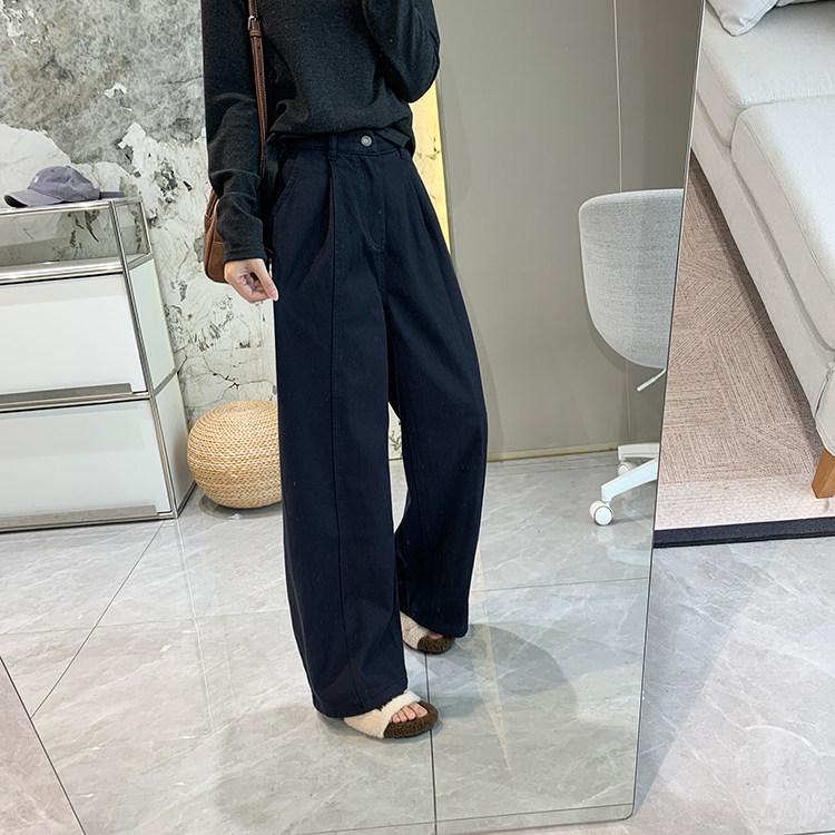 Soft Satin Denim: Women's Warm Wide-Leg Fleece Pants for Autumn/Winter - Stretchy, Thickened, Slimming, Straight Leg.