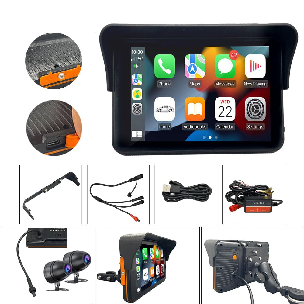 Motorcycle Recorder with Android Auto Aluminum Alloy 1080P Front and Rear 1000mAh and Motorcycle Navigation 7-inch CarPlay, Stand, Waterproof,