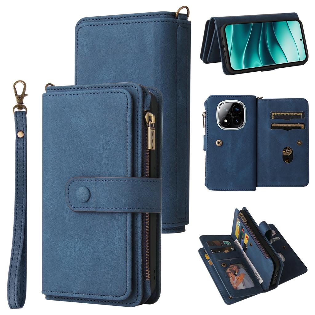 For Xiaomi Redmi Note 14 Pro+ 5G/Xiaomi Poco X7 5G/Xiaomi Redmi Note 14 Pro 5G Zipper Wallet Case with 15 Card Slots and Strap Leather Phone Cover