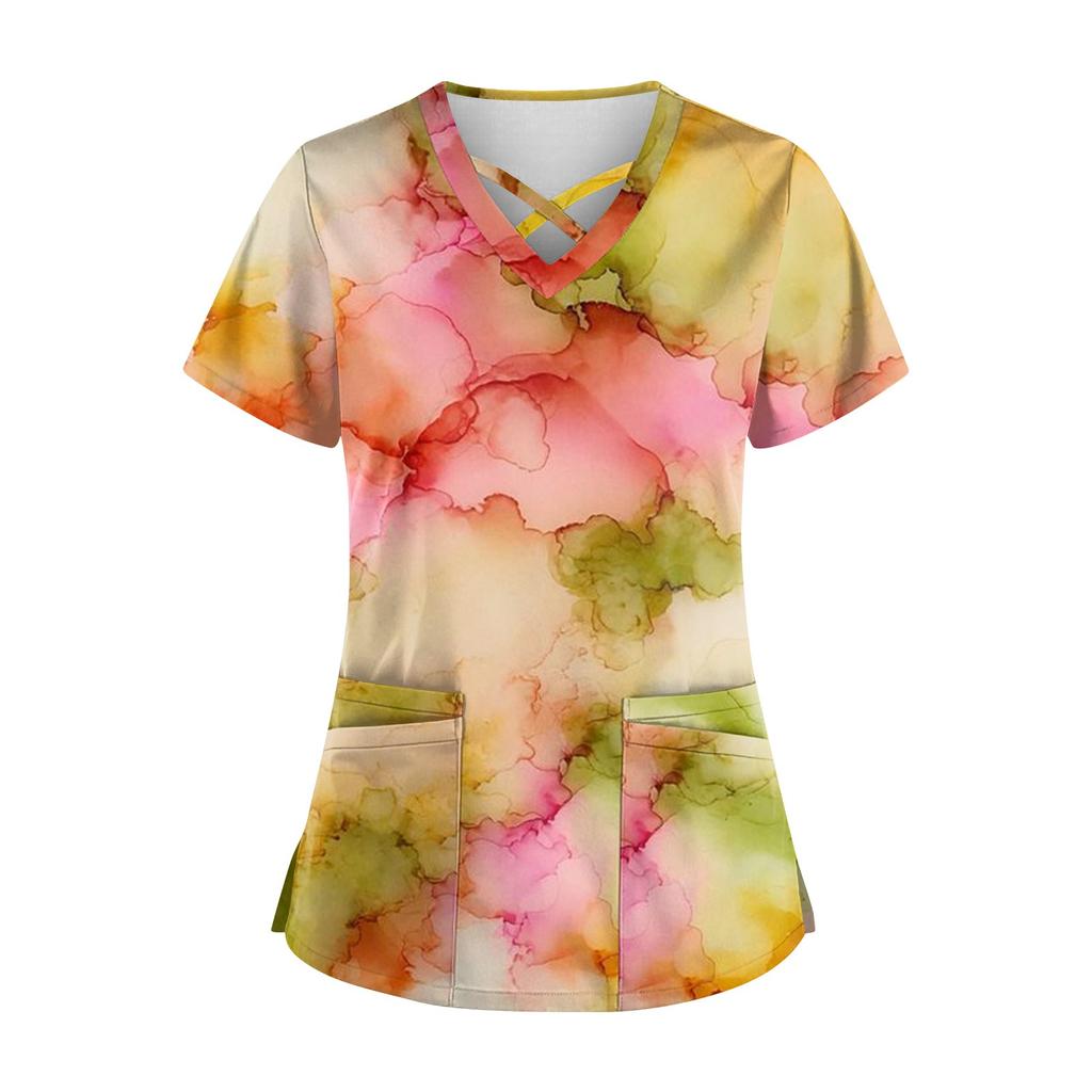 Women's Fashion V Neck Cross Printing Uniform With Pocket T-Shirt Short Sleeve Top