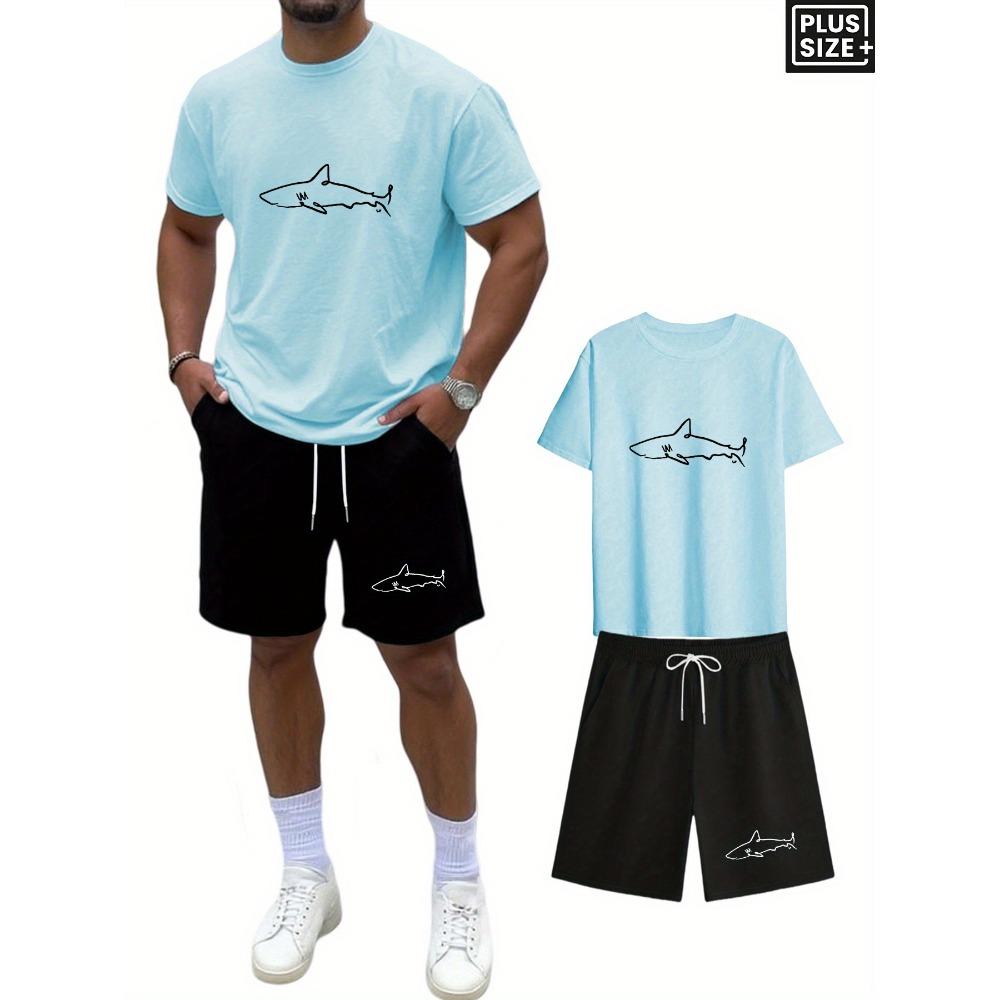 

Men s Regular Short Sleeved Shirt Paired with Knee High Pocket Drawstring Shorts, Featuring a Shark Print for a Casual and Comfortable Look XXL