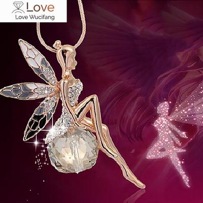 Vintage Butterfly Fairy Pendant Necklace Women Fashion Sweater Chain Necklace Charm Crystal Angel Wing Necklace Party Jewelry