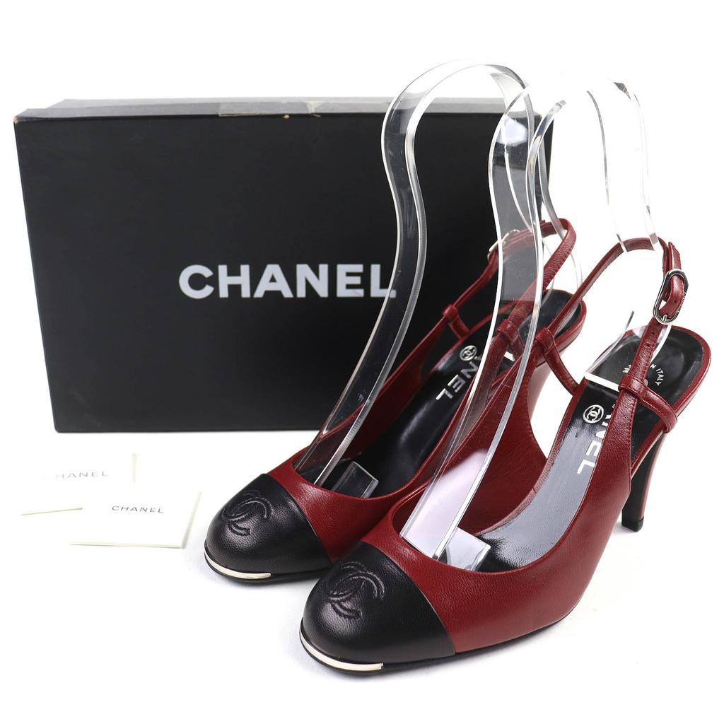 Excellent CHANEL COCO Mark two-tone leather slingback pumps leather37.5 G27344 Used