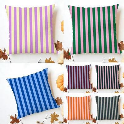 Casual Bright Two Color Vertical Stripes Cushion Cover Washable Linen Pillowcase Soft  for Sofa Bed Cozy Home Room Decor