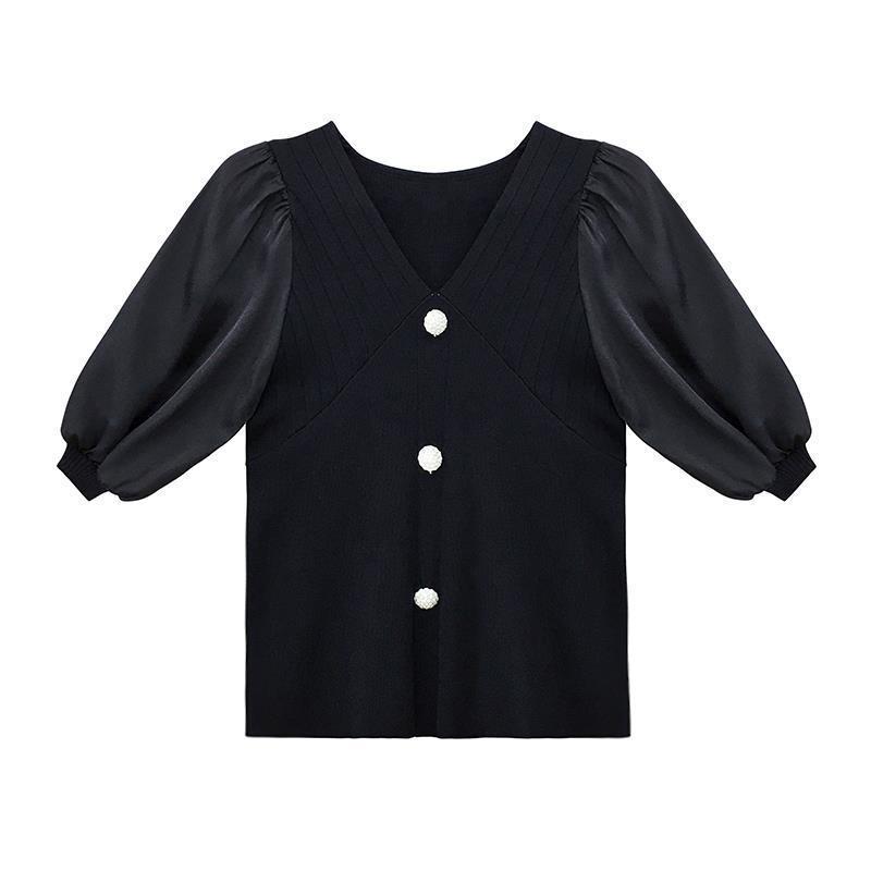 Fashion Knitted Tops Female Thin Summer Temperament Elegant Short-sleeved V-neck Chiffon Splicing Knit Shirt Casual Essential Slim Fit Pullovers Tees