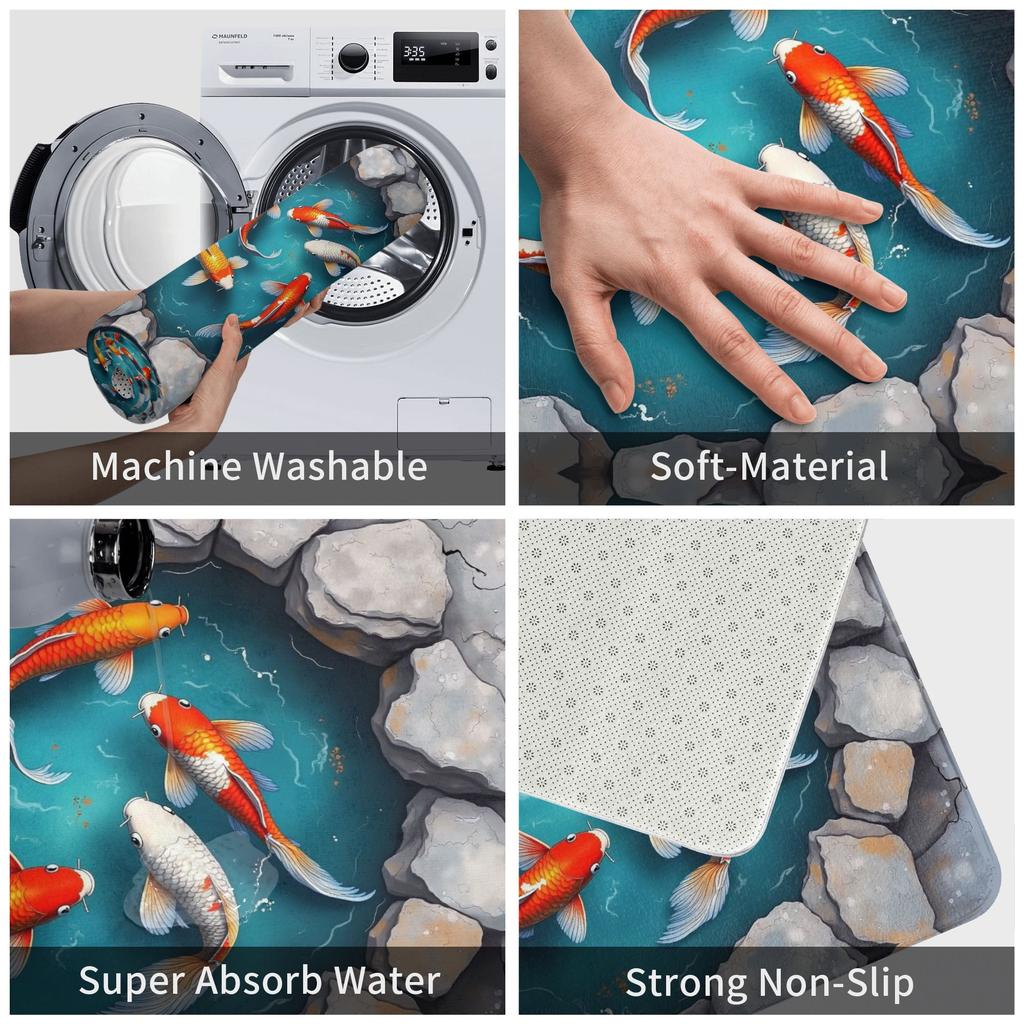 3D Vibrant Koi Fish Door Floor Kitchen Bathroom Mats Anti-Slip Outdoor Doormat Garden Entrance Rug Carpet Footpad