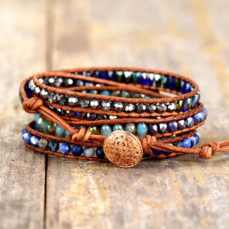 Natural Lapis Lazuli Leather Cord Woven Creative Multi-layered Bracelet, Women's Jewelry.
